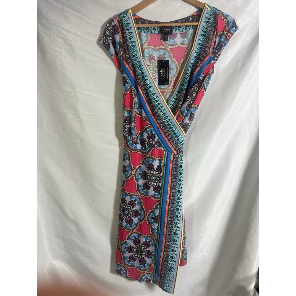 Nicole Nicole Miller Womens Wrap V-Neck Dress Sz M Multicolor Jersey NWT